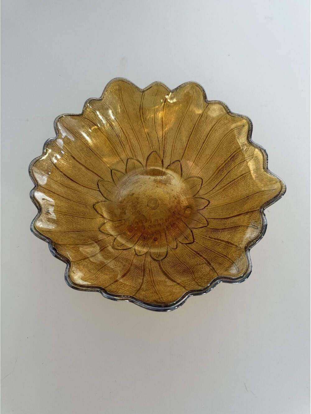VTG Indiana Carnival Glass Sunflower Lily Pons Kings Crown Amber Iridescent Bowl